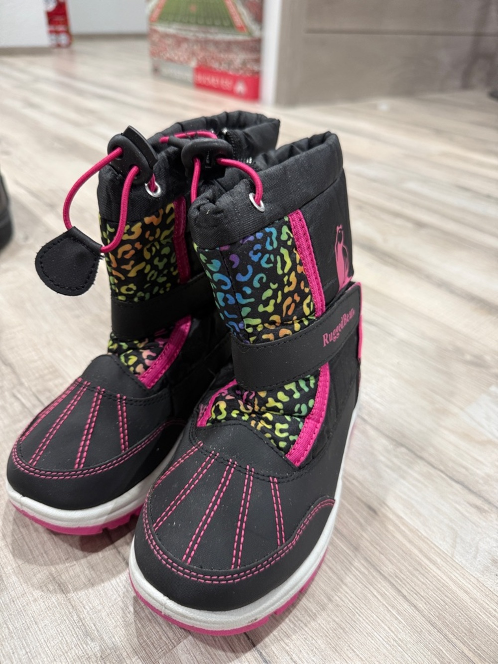 Kids Black & Pink Snow Boots with Rainbow Leopard Trim